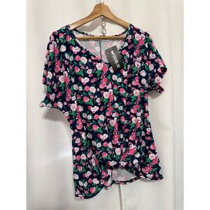 DOUBLJU Womens Navy Floral V-Neck Twist Front Knot Short Sleeve Top Size M NEW